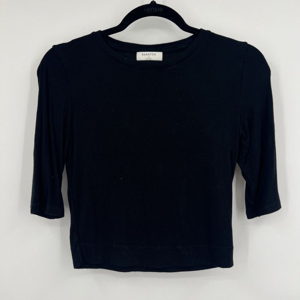 Babaton Black Cropped 3/4 Sleeve Ribbed Top Small